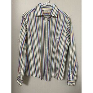 Faconnable Women Striped Button Down Shirt Sz L Cotton Blue Pink White Tan Green